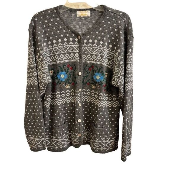 Tally-Ho Acrylic Fair Isle Floral Cardigan Sweater Button Down Vtg Size Large Co - Picture 1 of 4